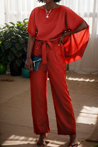 solid five point sleeve belted wide leg jumpsuit 106315