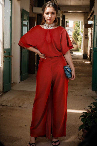 solid five point sleeve belted wide leg jumpsuit 110700