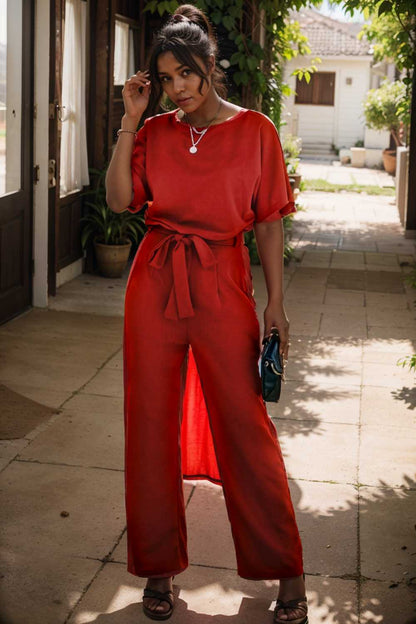 solid five point sleeve belted wide leg jumpsuit 110695