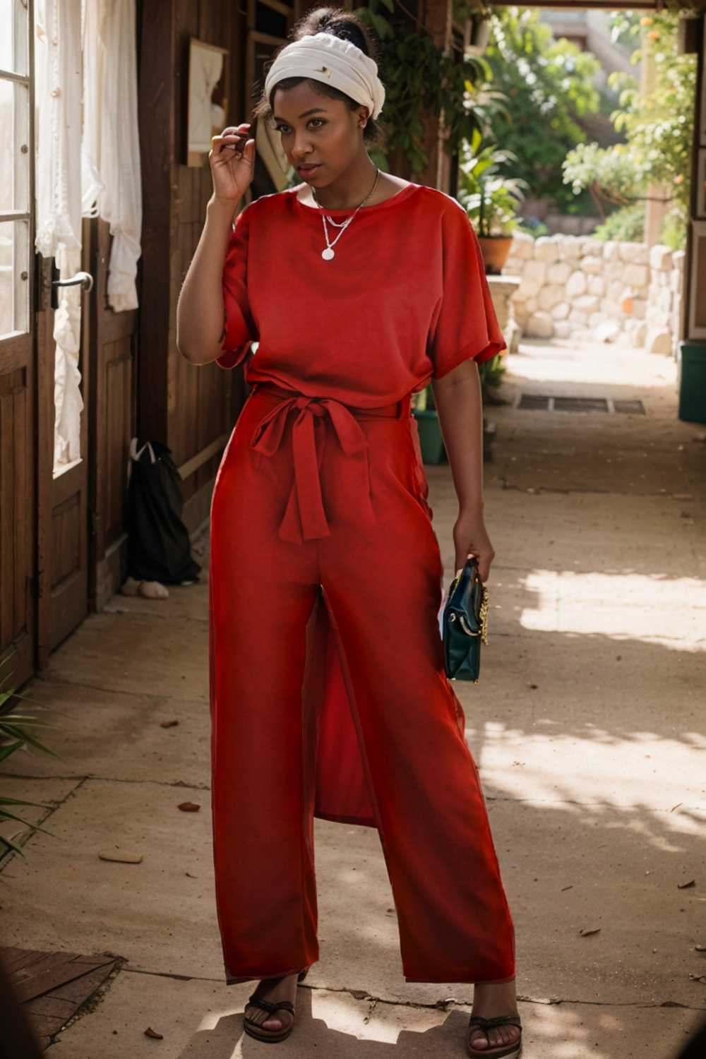 solid five point sleeve belted wide leg jumpsuit 107307