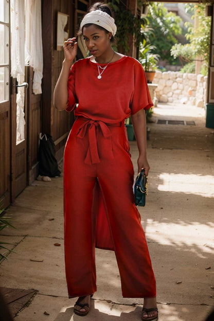 solid five point sleeve belted wide leg jumpsuit 107307