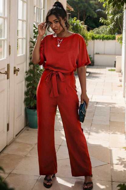 solid five point sleeve belted wide leg jumpsuit 111305