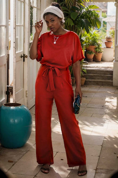 solid five point sleeve belted wide leg jumpsuit 111302