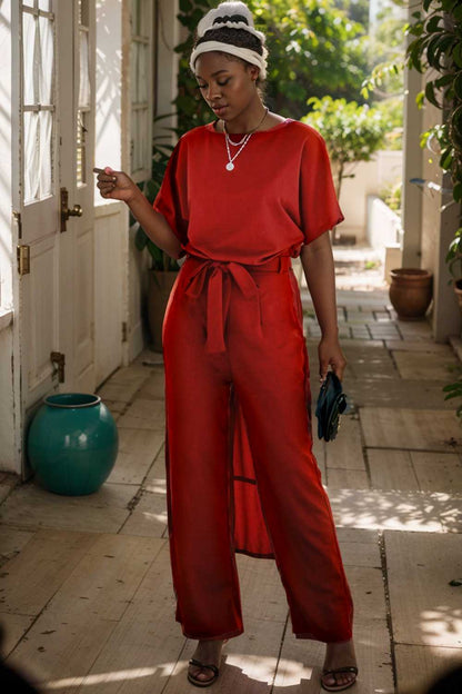 solid five point sleeve belted wide leg jumpsuit 111051
