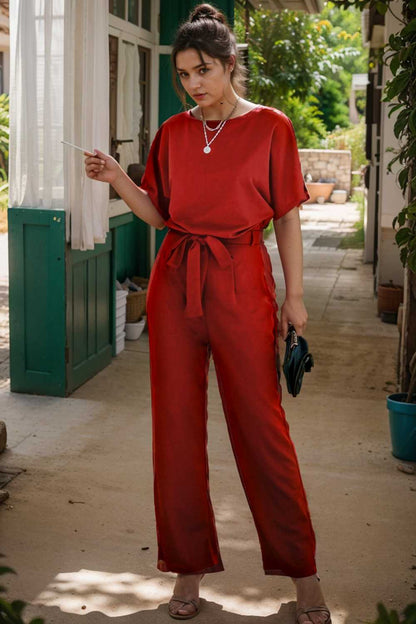 solid five point sleeve belted wide leg jumpsuit 107306