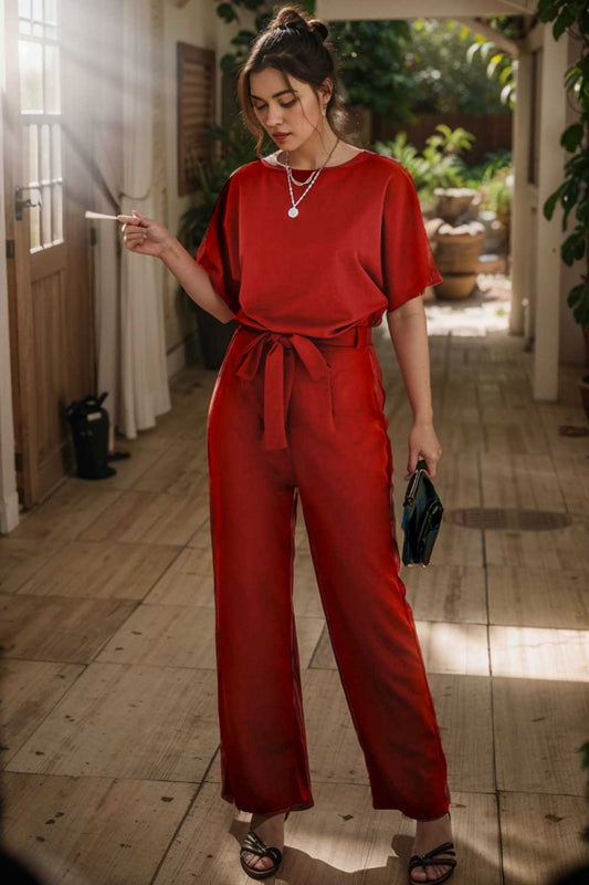 solid five point sleeve belted wide leg jumpsuit 111050