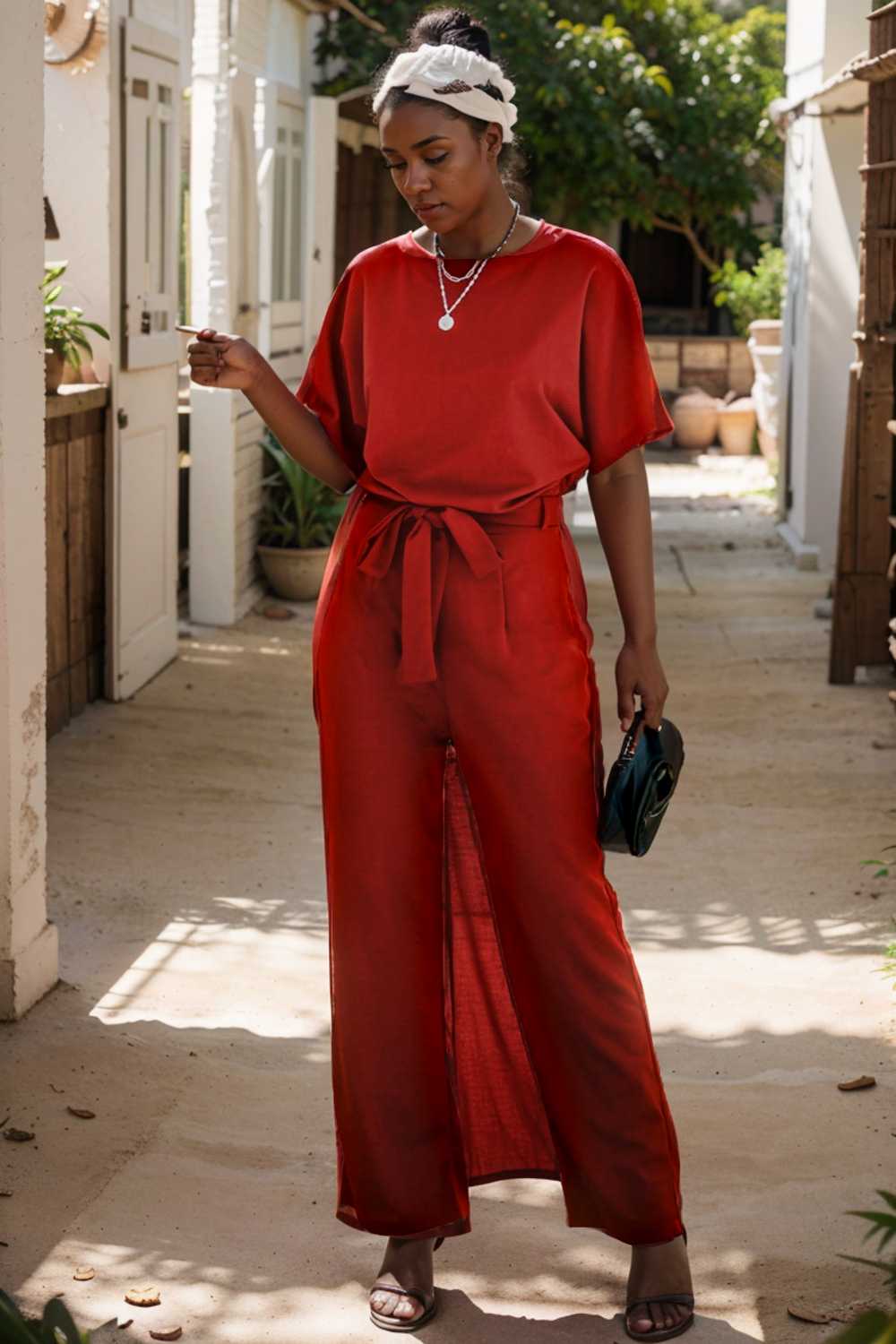 solid five point sleeve belted wide leg jumpsuit 110687