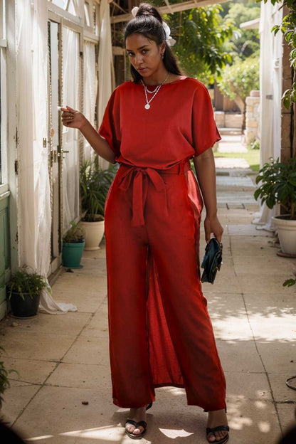 solid five point sleeve belted wide leg jumpsuit 110686