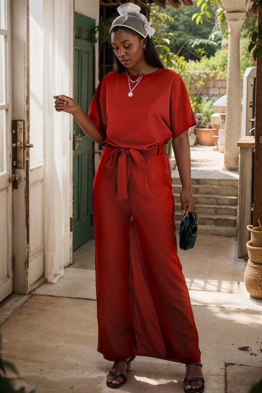 solid five point sleeve belted wide leg jumpsuit 111297