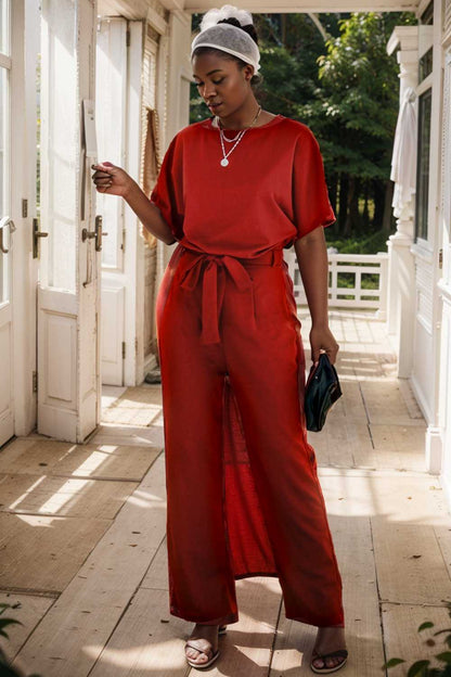 solid five point sleeve belted wide leg jumpsuit 111294