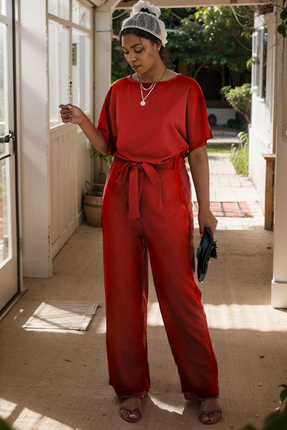 solid five point sleeve belted wide leg jumpsuit 111290