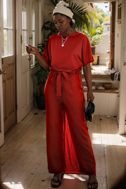solid five point sleeve belted wide leg jumpsuit 111288