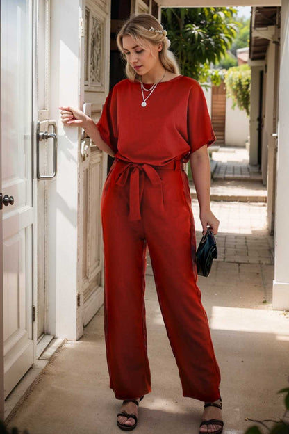 solid five point sleeve belted wide leg jumpsuit 111285
