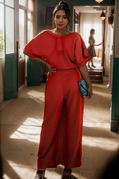 solid five point sleeve belted wide leg jumpsuit 110681