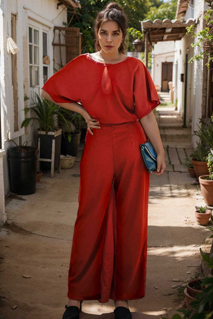 solid five point sleeve belted wide leg jumpsuit 111279