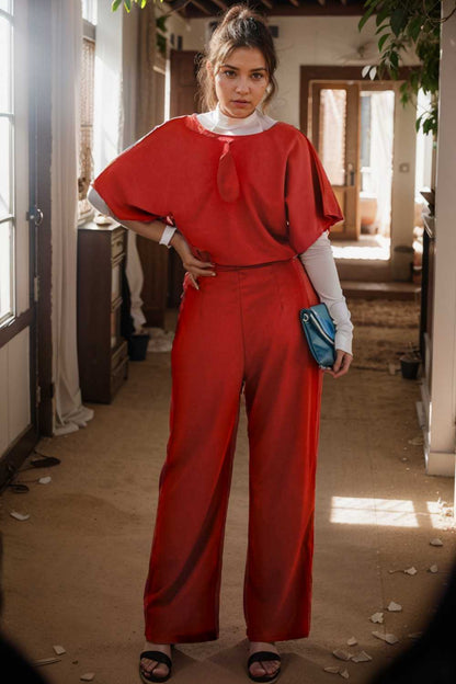 solid five point sleeve belted wide leg jumpsuit 110676