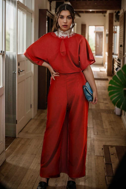 solid five point sleeve belted wide leg jumpsuit 111276