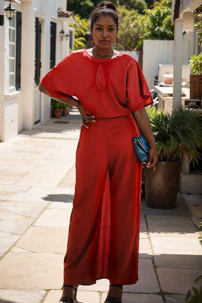 solid five point sleeve belted wide leg jumpsuit 110675