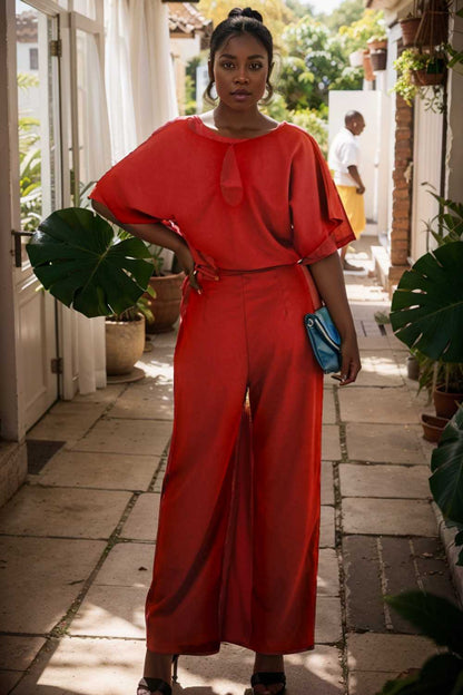 solid five point sleeve belted wide leg jumpsuit 111270