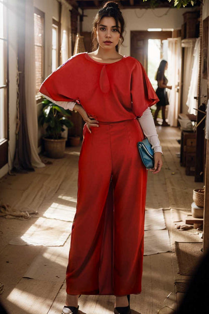 solid five point sleeve belted wide leg jumpsuit 111269