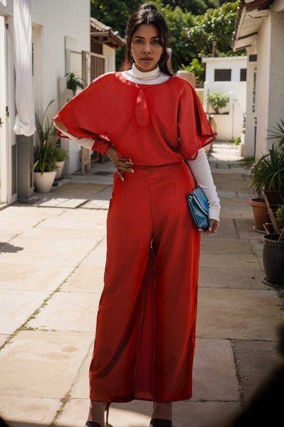 solid five point sleeve belted wide leg jumpsuit 111258