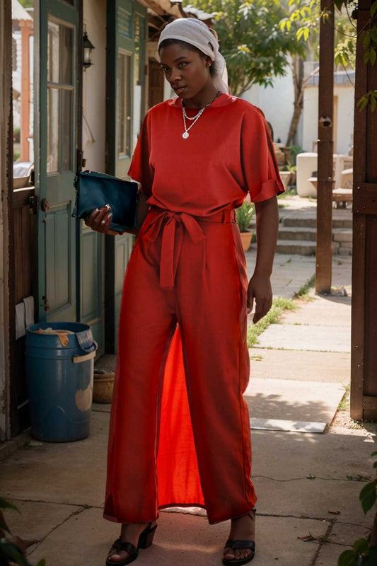 solid five point sleeve belted wide leg jumpsuit 112708