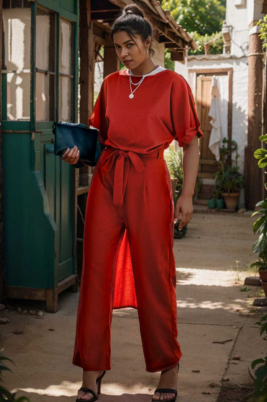 solid five point sleeve belted wide leg jumpsuit 107295