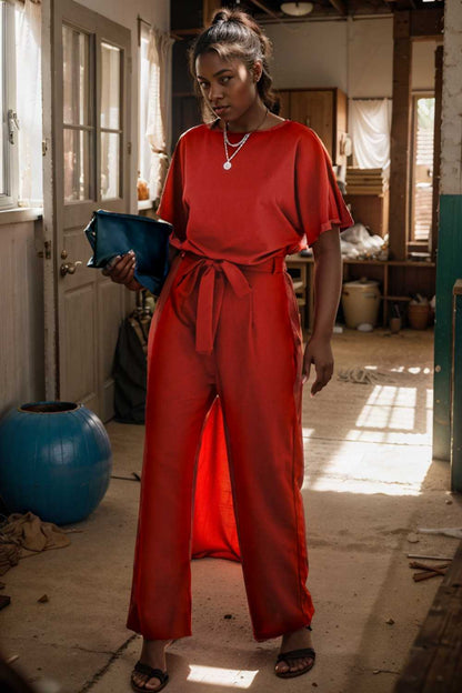 solid five point sleeve belted wide leg jumpsuit 111254