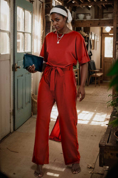 solid five point sleeve belted wide leg jumpsuit 110669