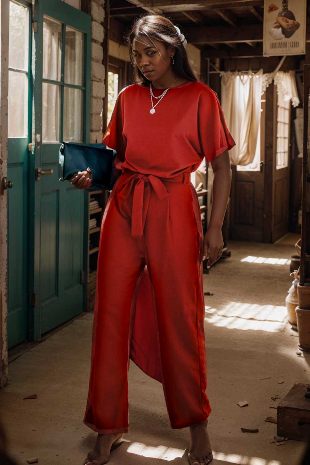 solid five point sleeve belted wide leg jumpsuit 111249