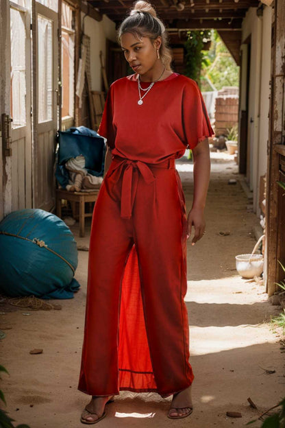 solid five point sleeve belted wide leg jumpsuit 111247