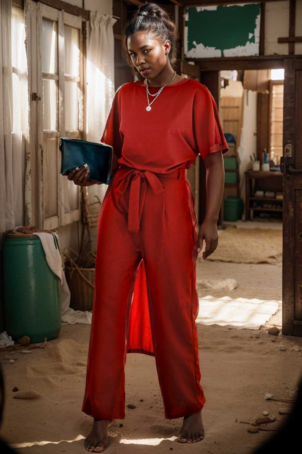 solid five point sleeve belted wide leg jumpsuit 111246