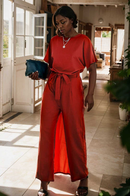 solid five point sleeve belted wide leg jumpsuit 111242