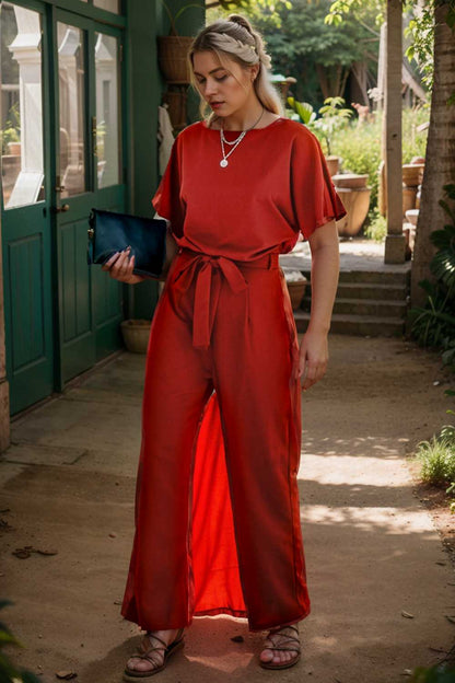 solid five point sleeve belted wide leg jumpsuit 111241
