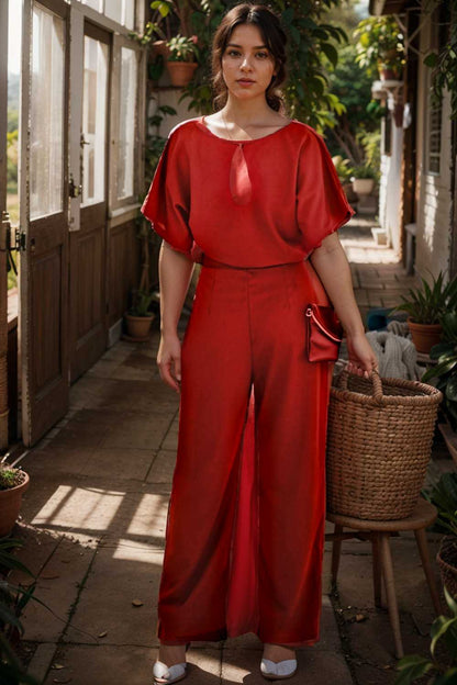 solid five point sleeve belted wide leg jumpsuit 110665