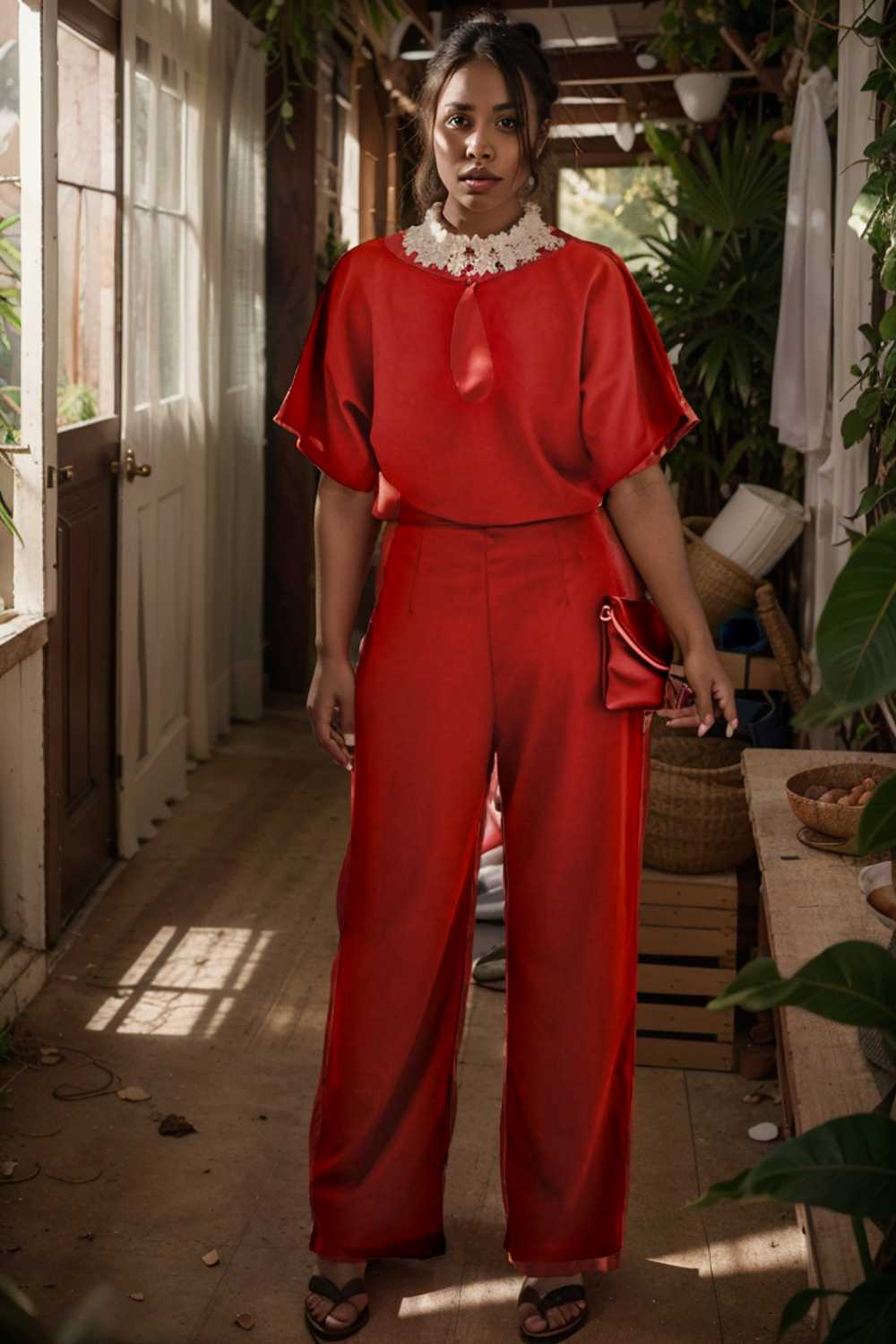 solid five point sleeve belted wide leg jumpsuit 111230