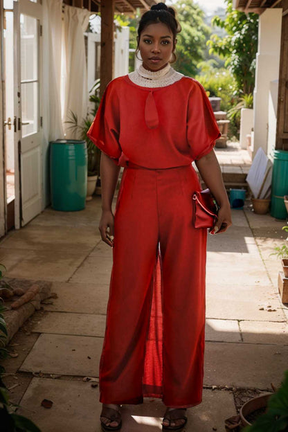 solid five point sleeve belted wide leg jumpsuit 111229