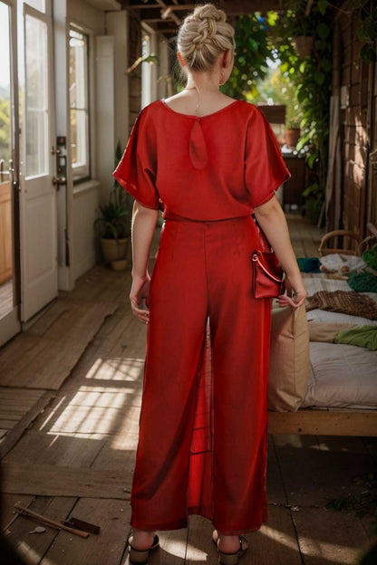 solid five point sleeve belted wide leg jumpsuit 111227