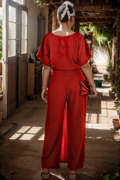 solid five point sleeve belted wide leg jumpsuit 111221