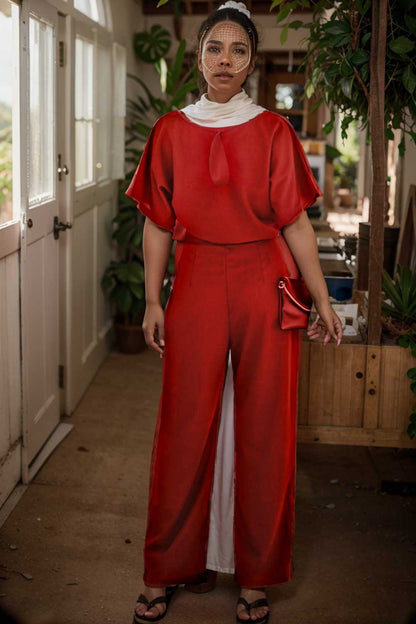 solid five point sleeve belted wide leg jumpsuit 111220