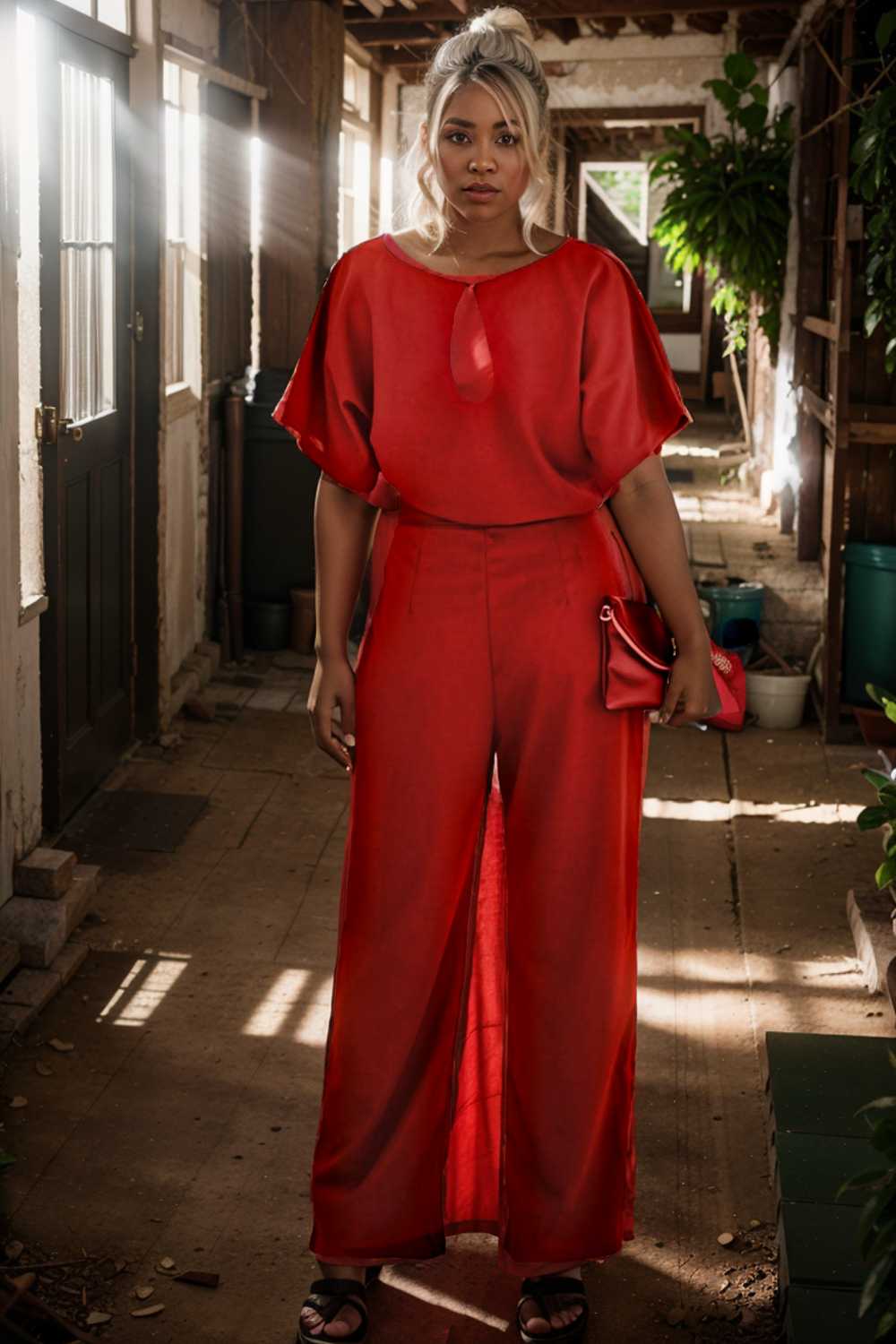 solid five point sleeve belted wide leg jumpsuit 111218