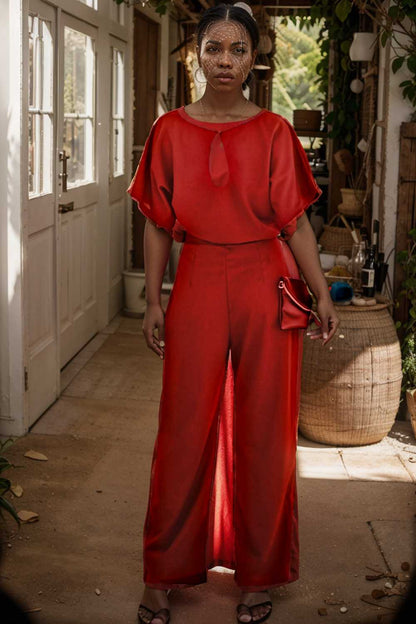 solid five point sleeve belted wide leg jumpsuit 111216