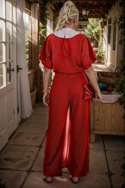 solid five point sleeve belted wide leg jumpsuit 111214