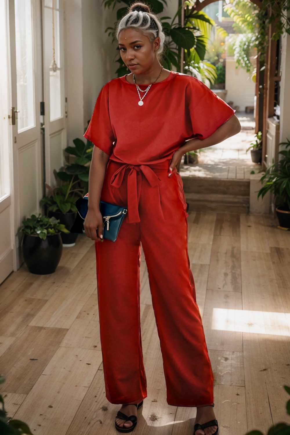 solid five point sleeve belted wide leg jumpsuit 110660