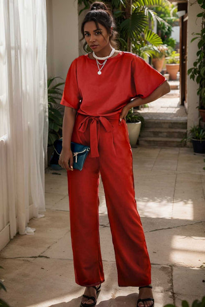 solid five point sleeve belted wide leg jumpsuit 107305