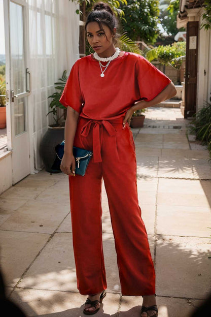 solid five point sleeve belted wide leg jumpsuit 111212