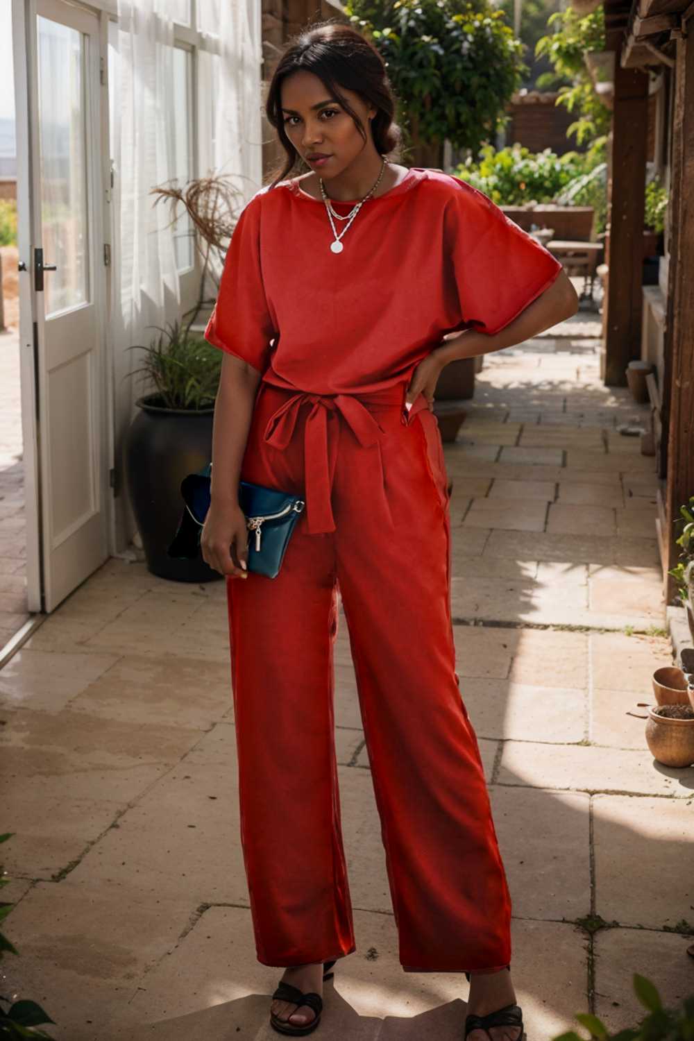 solid five point sleeve belted wide leg jumpsuit 111208