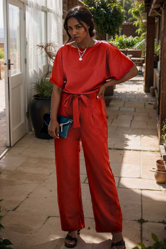 solid five point sleeve belted wide leg jumpsuit 111208