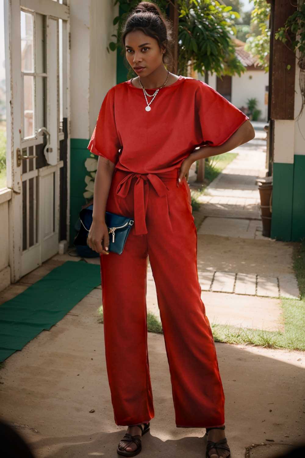 solid five point sleeve belted wide leg jumpsuit 105714