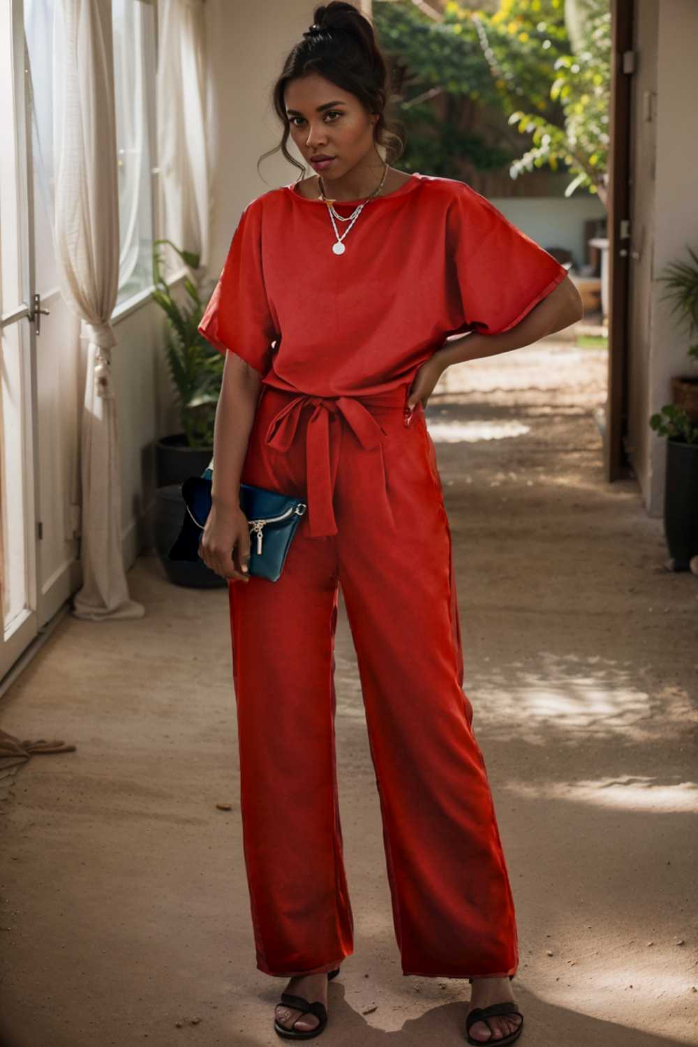 solid five point sleeve belted wide leg jumpsuit 105713